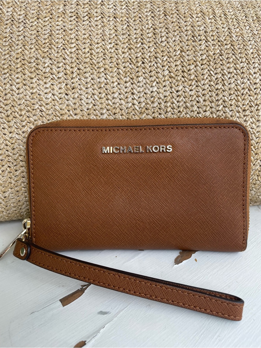 Michael Kors Cognac Saffiano Leather Zip Wristlet Wallet